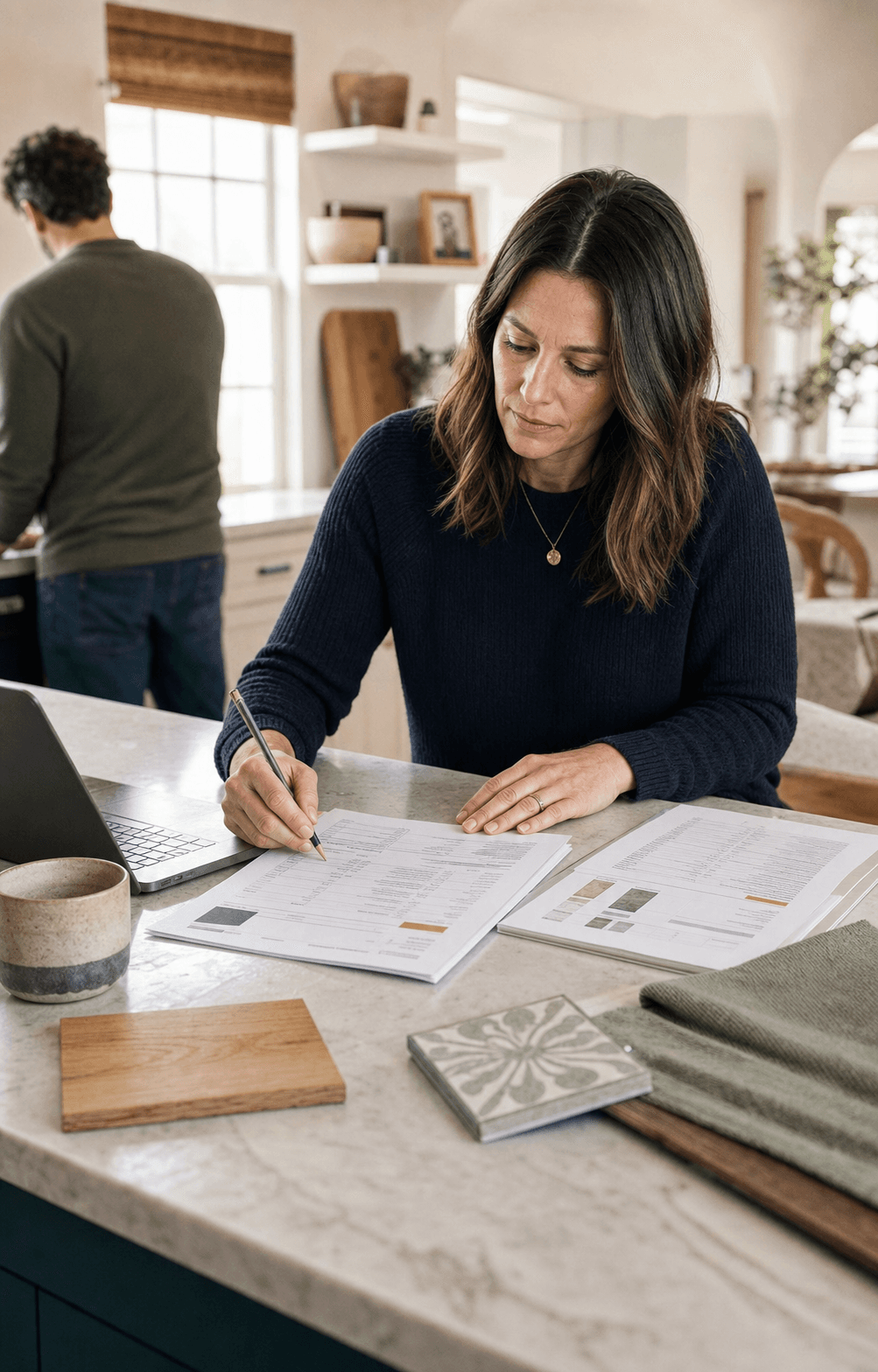 Homeowner reviewing renovation quotes and finish samples at a kitchen island